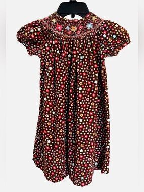Amanda Remembered Smocked Corduroy Floral Bishop Dress Girls 4T Brown Daisy